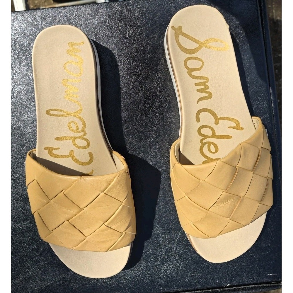 Sam Edelman size 9 Adaley Leather Slide Sandals Camel Woven Tan Warm Mustard